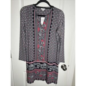 J‎ Jill Long Sleeve Shift Dress Navy Blue Pink Paisley Border Print Sz XS Petite
